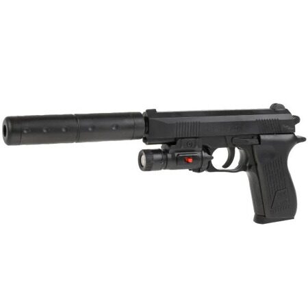 14-173-091 Пистолет с глушителем, с фонариком  в пак. в кор.2*72шт