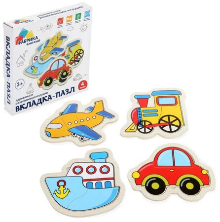 19-631-732 Деревянная игрушка  Вкладка-пазл Транспорт.в наборе 4 пазла. кор.  16*16